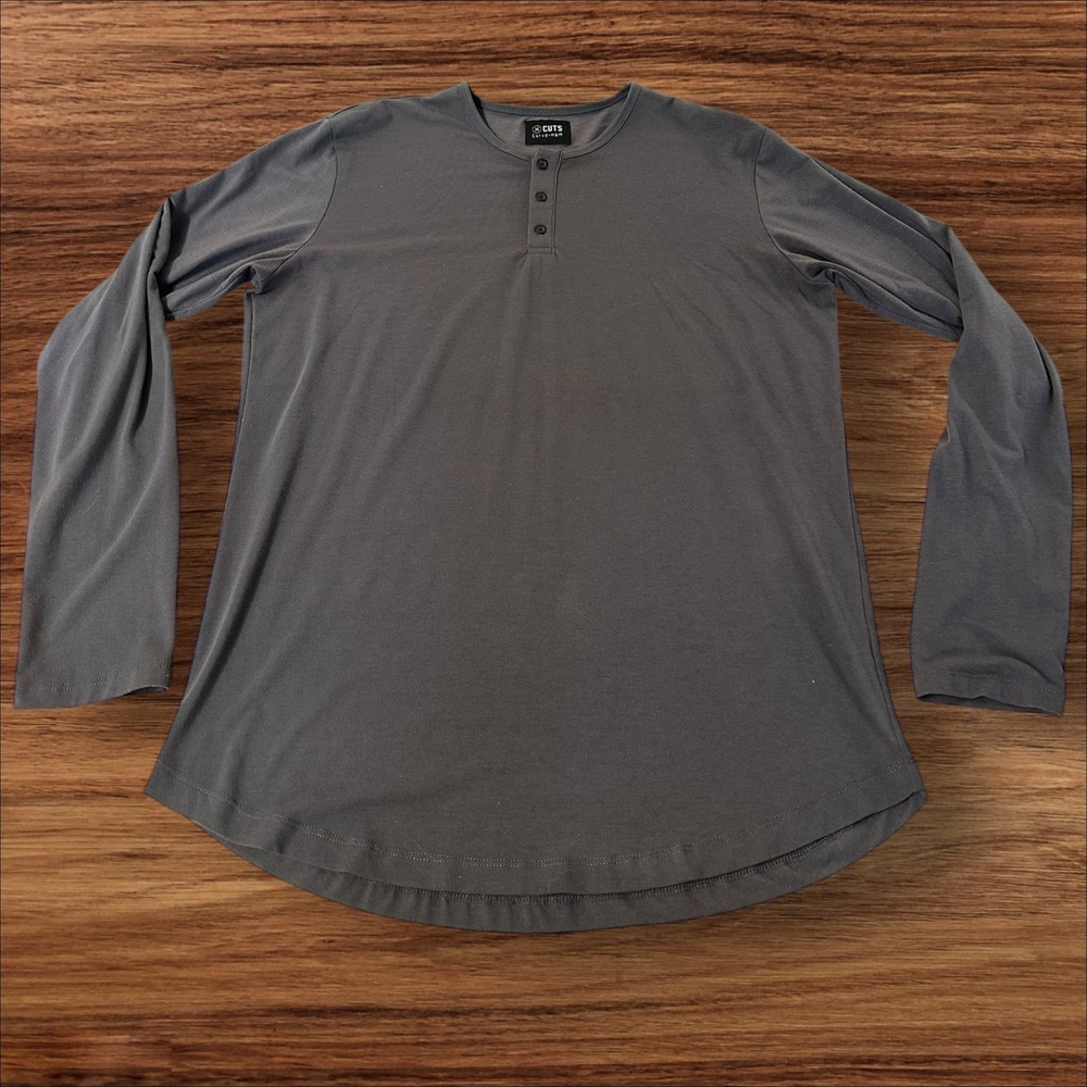 CUTS Curve Hem Long‎ Sleeve Henley Shirt Gray Men's